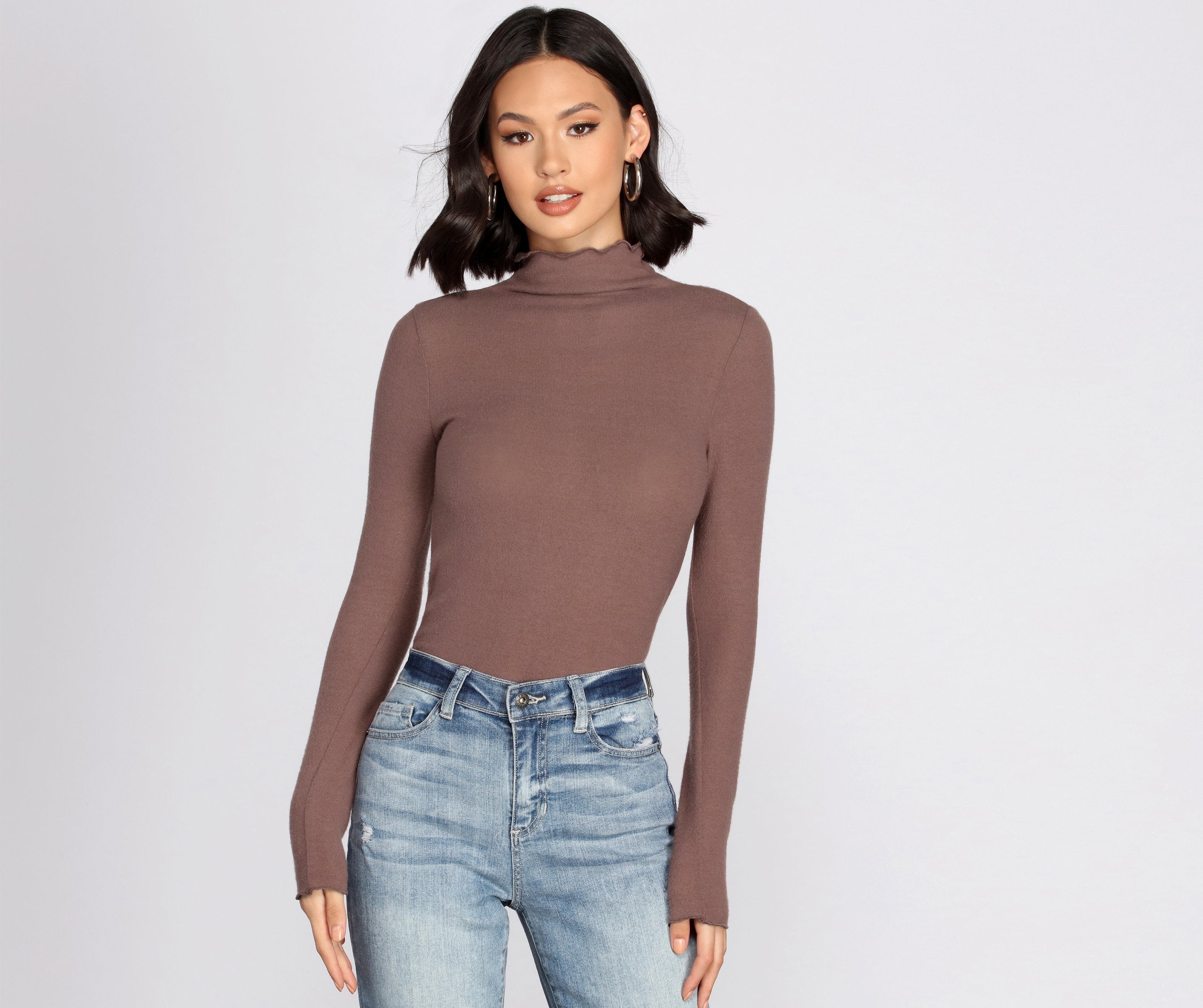 Brushed Knit Mock Neck Top - Fashionpara