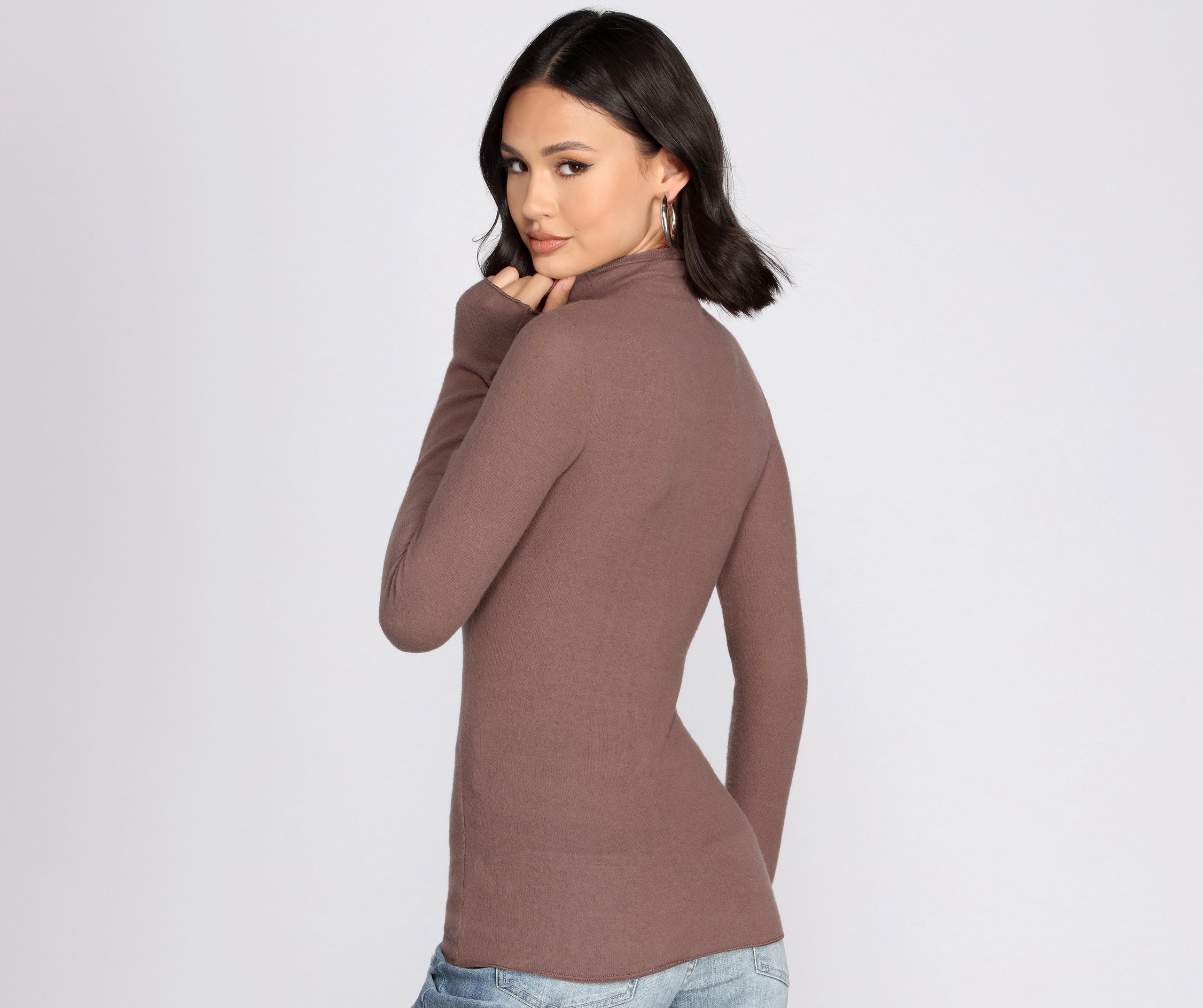 Brushed Knit Mock Neck Top - Fashionpara