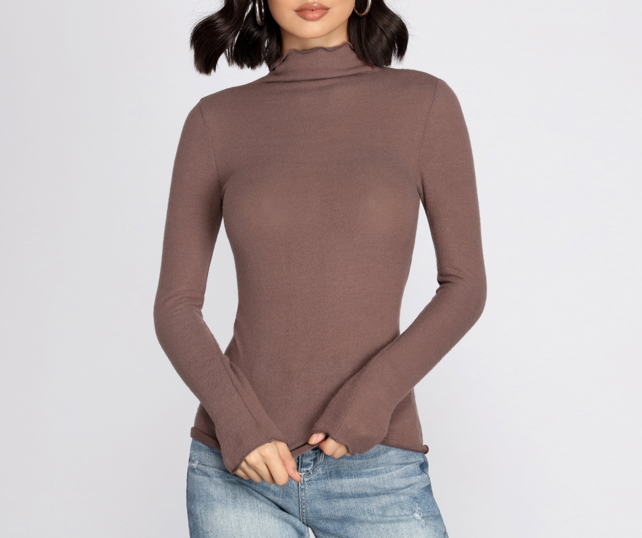 Brushed Knit Mock Neck Top - Fashionpara