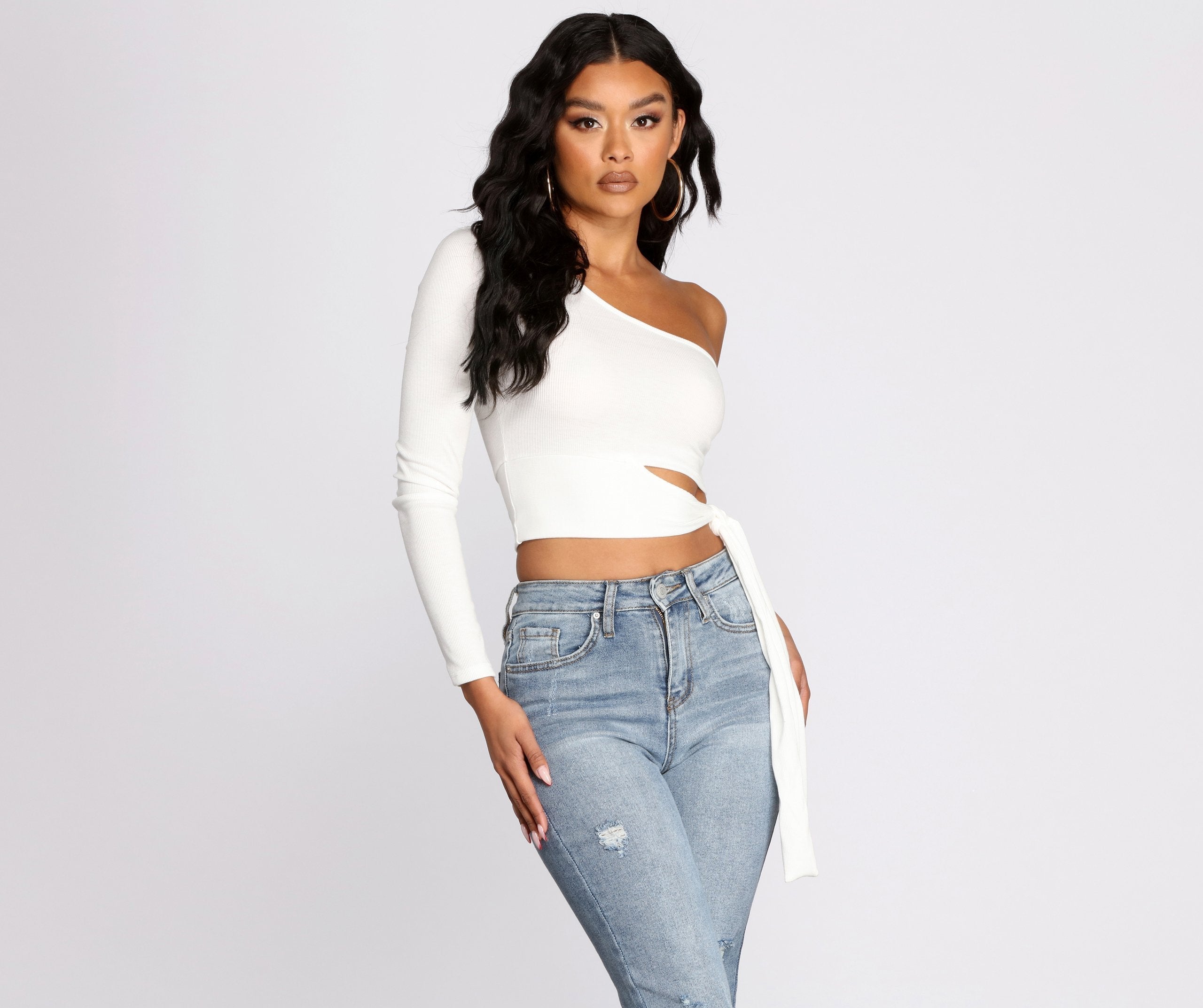 Single Sleeve Ribbed Crop Top  Fashionpara