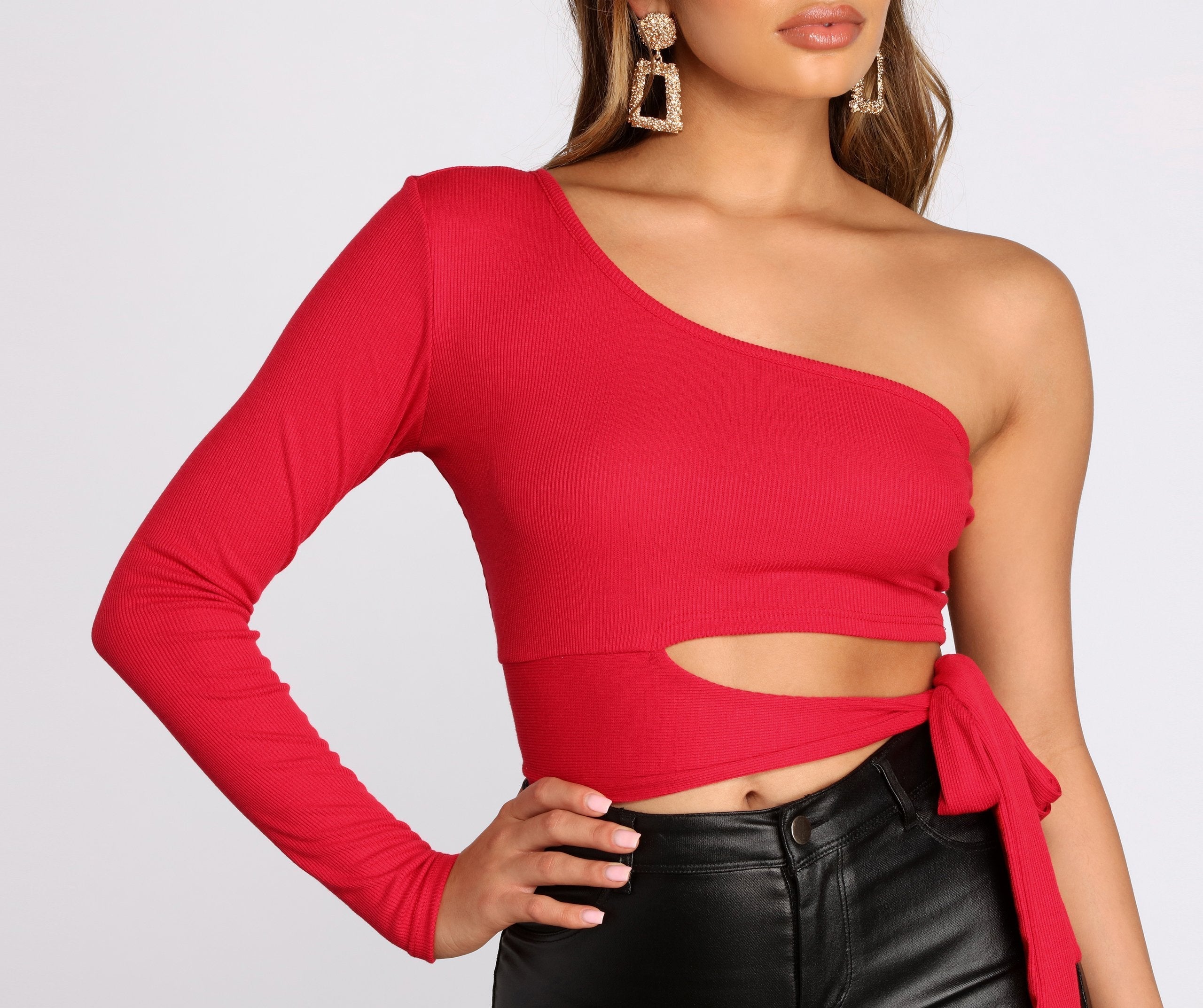 Single Sleeve Ribbed Crop Top  Fashionpara