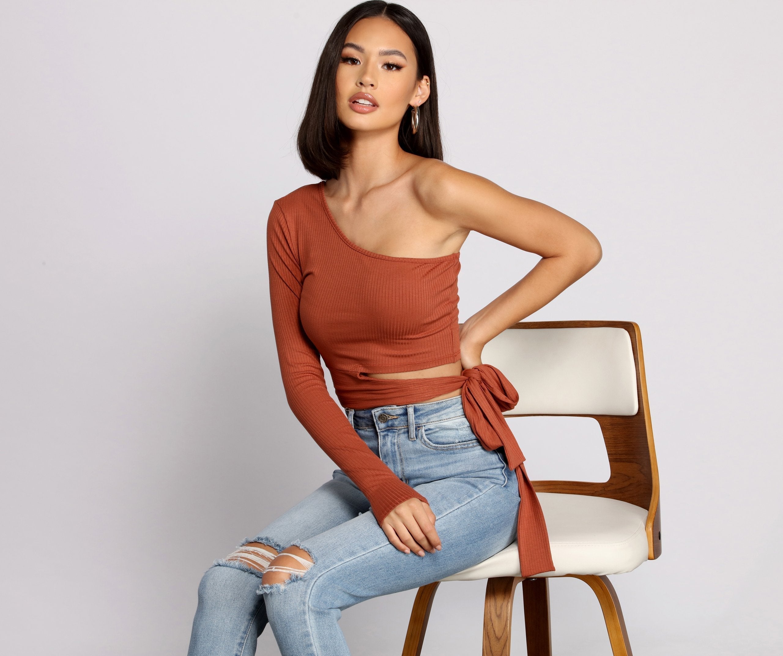 Single Sleeve Ribbed Crop Top  Fashionpara