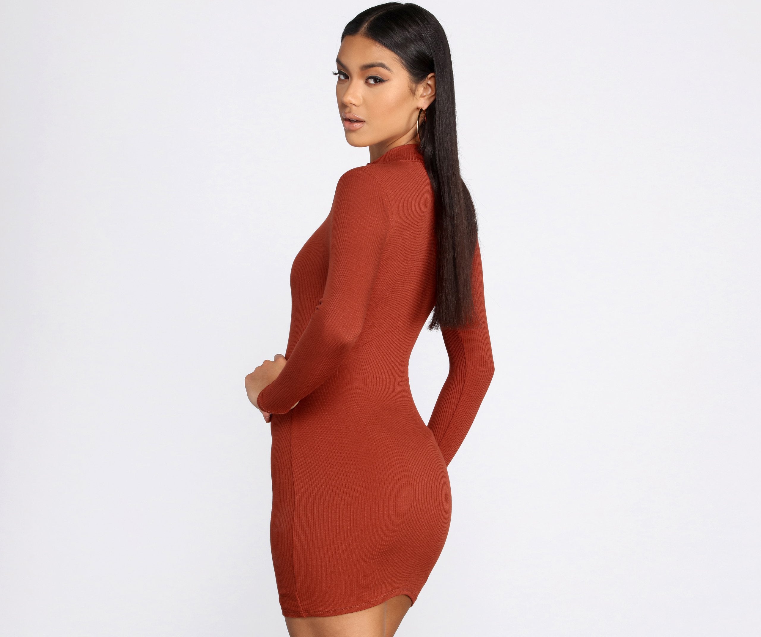 Ribbed Knit Mock Neck Mini Dress - Fashionpara