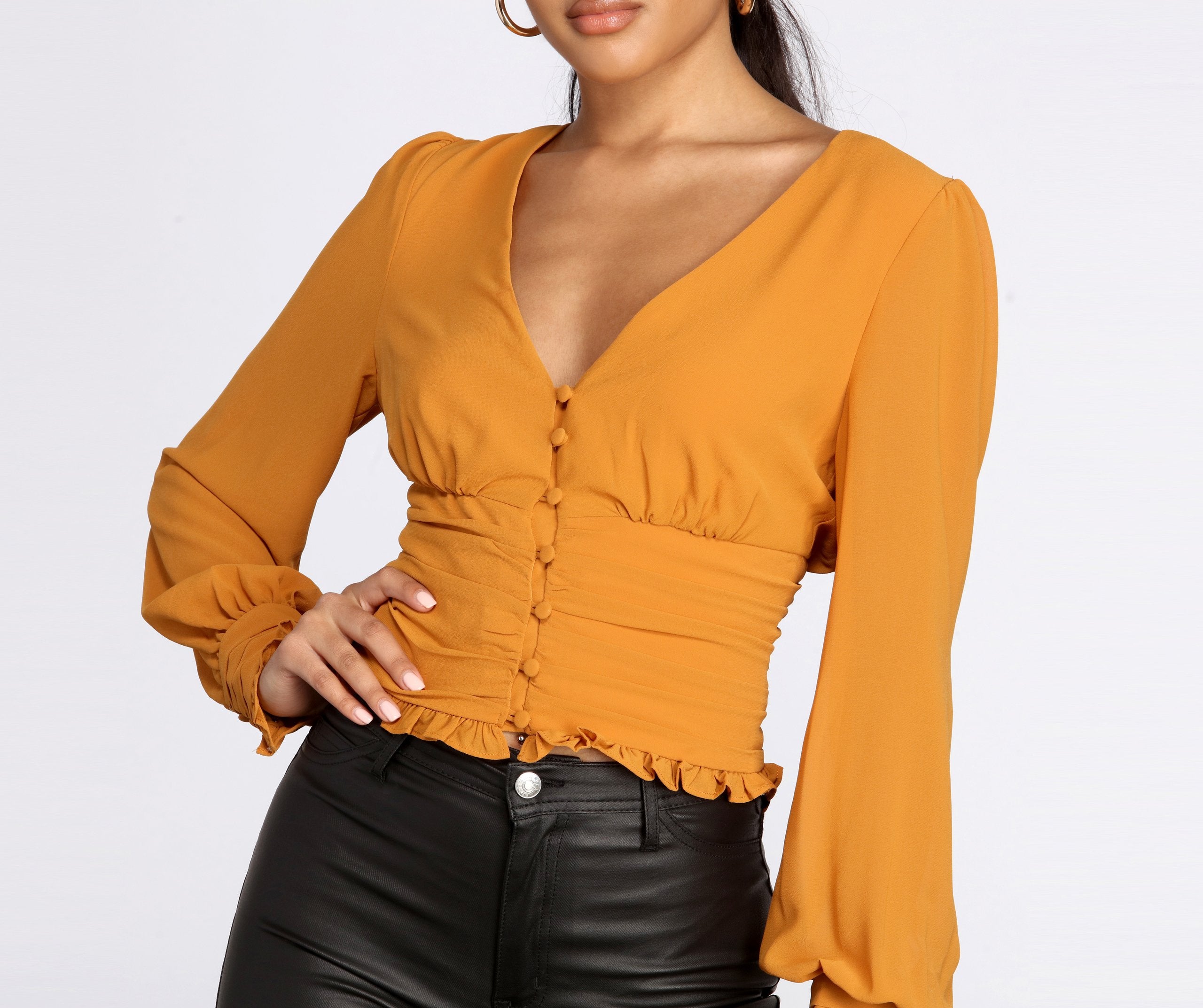 Chiffon Ruched Waist Cropped Blouse - Fashionpara