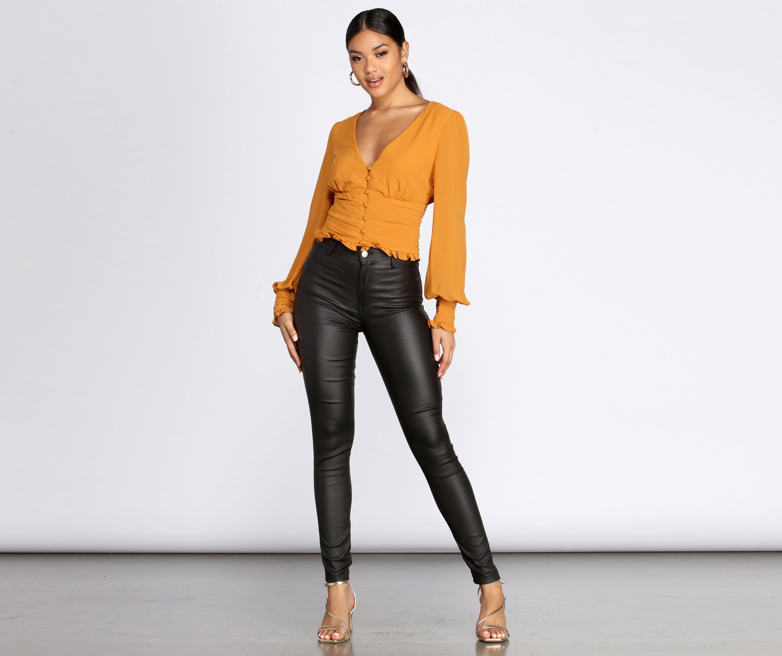 Chiffon Ruched Waist Cropped Blouse - Fashionpara