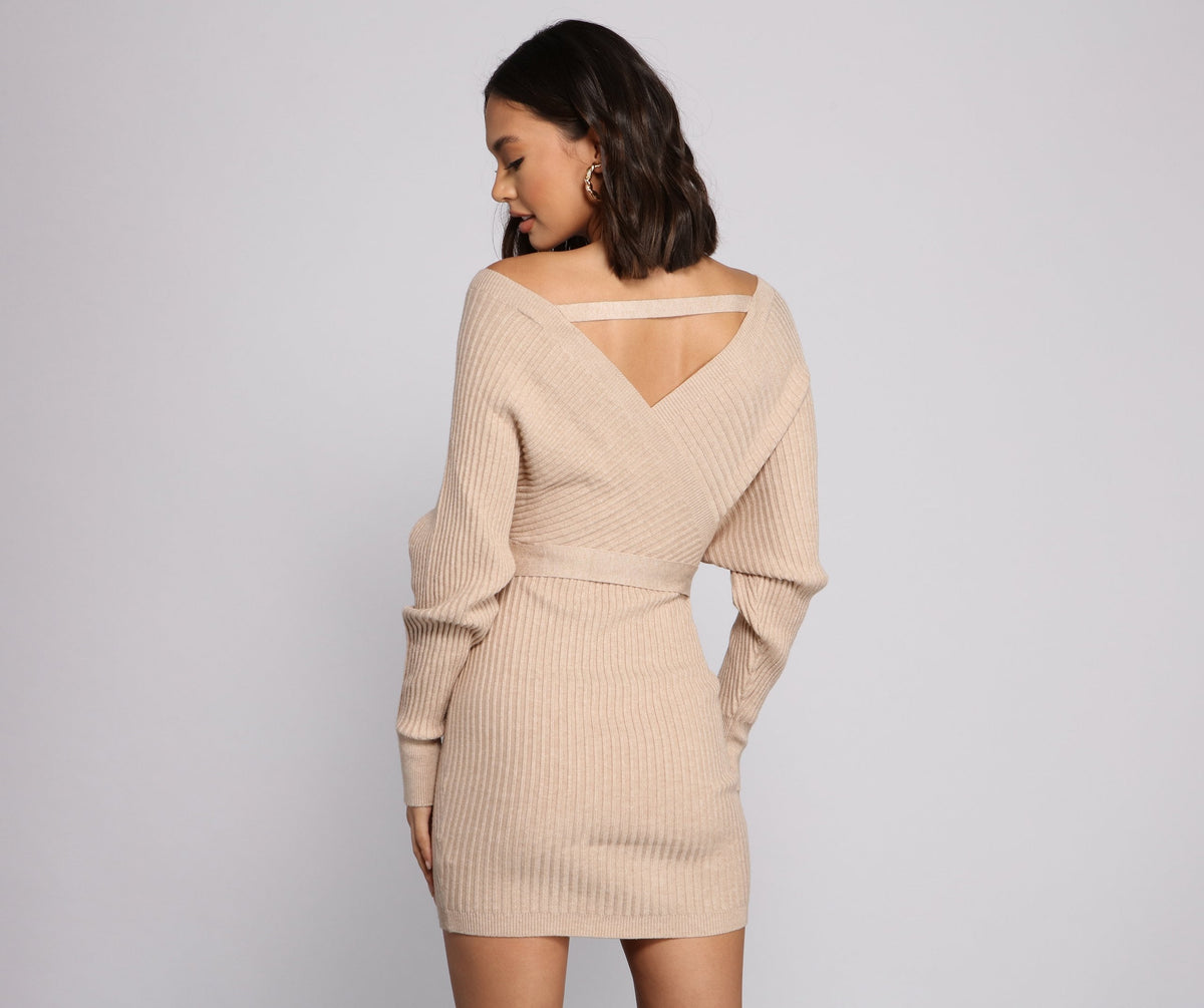 Knit Off Shoulder Wrap Tie Waist Sweater Mini Dress 6