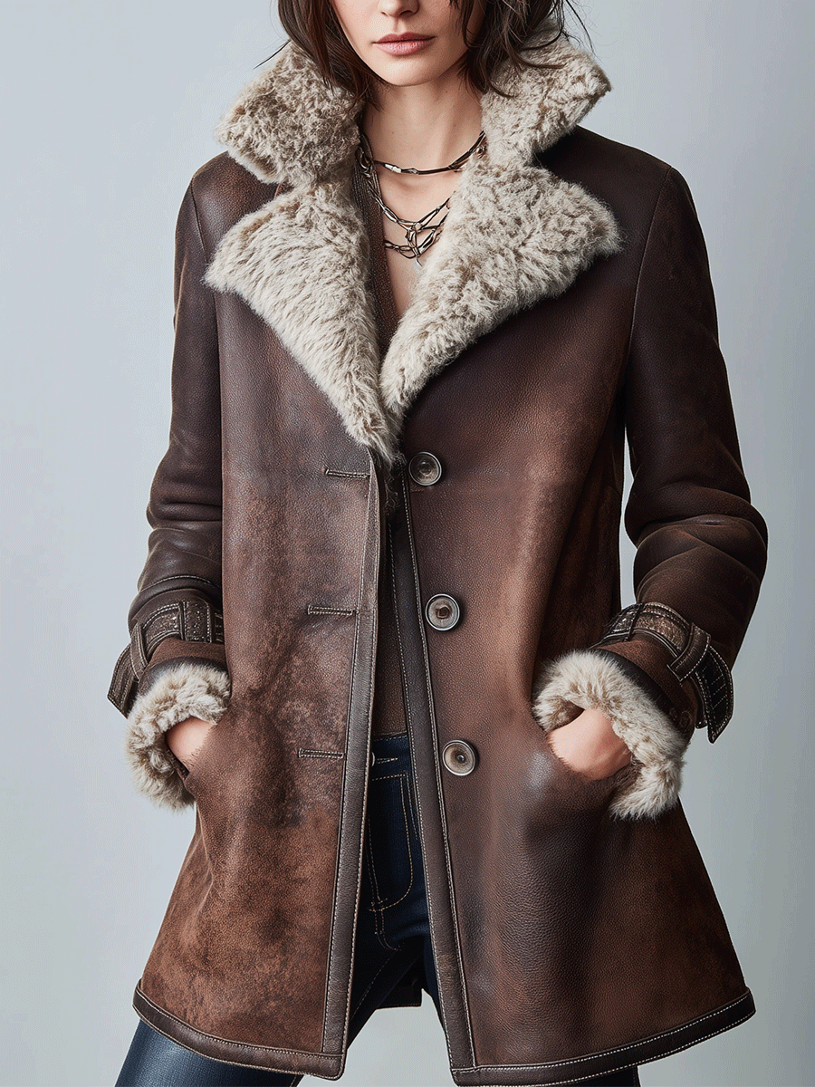 Retro Classic Warm Brown Faux Sheepskin Coat