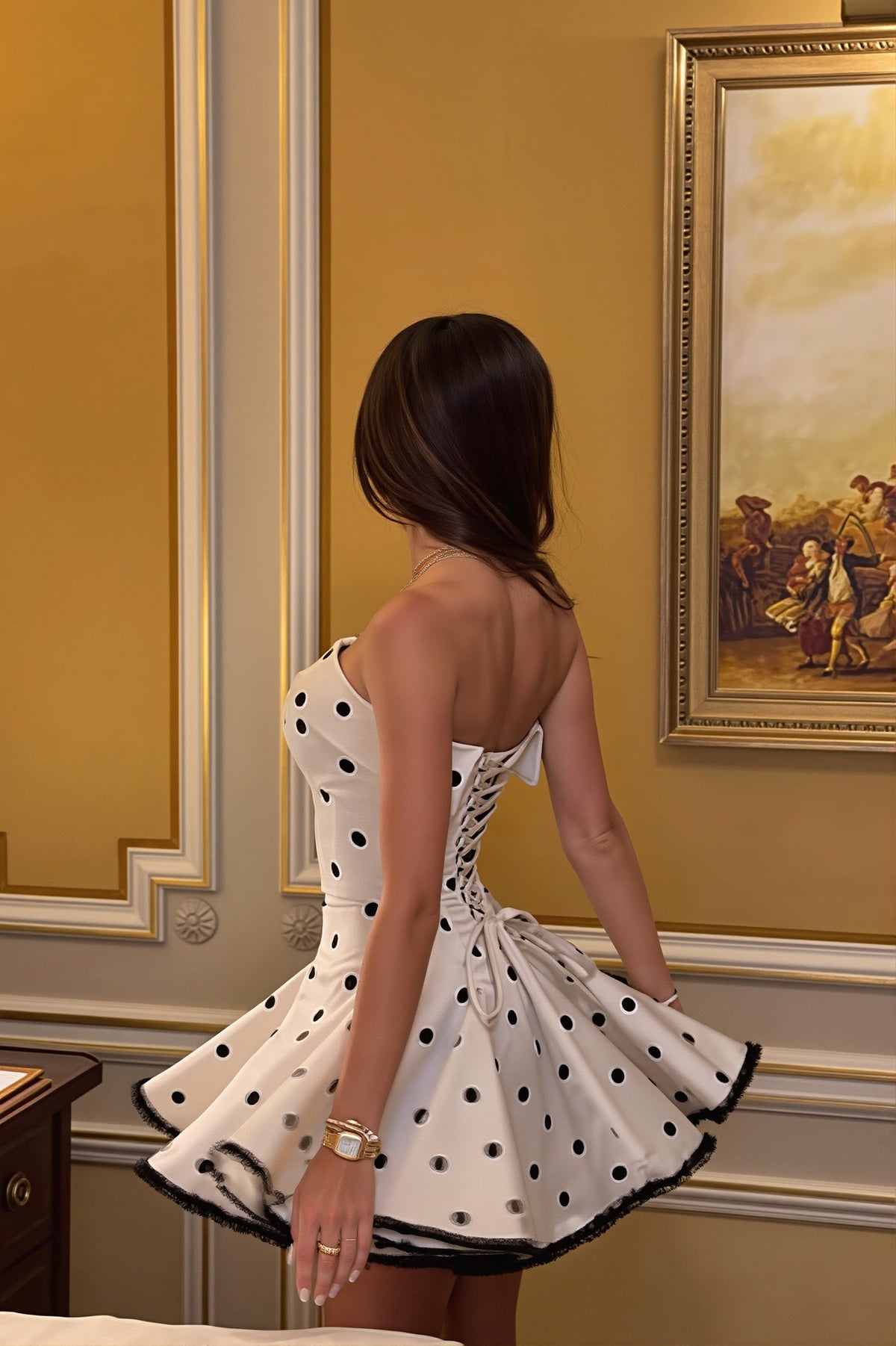 Polka Dot Strapless Drop Waist Flared Mini Dress
