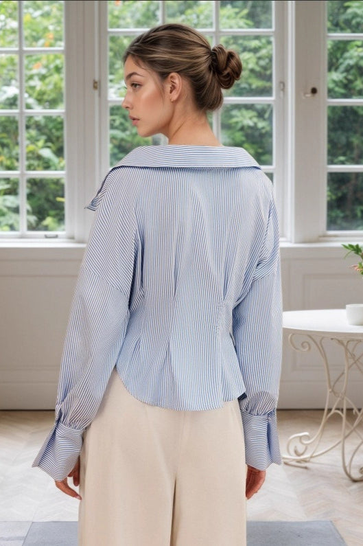 Ruffled Collared Puff Sleeve Striped Blouse