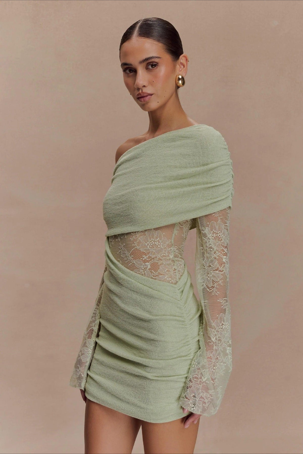 Off Shoulder Lace Sleeve Ruched Bodycon Mini Dress