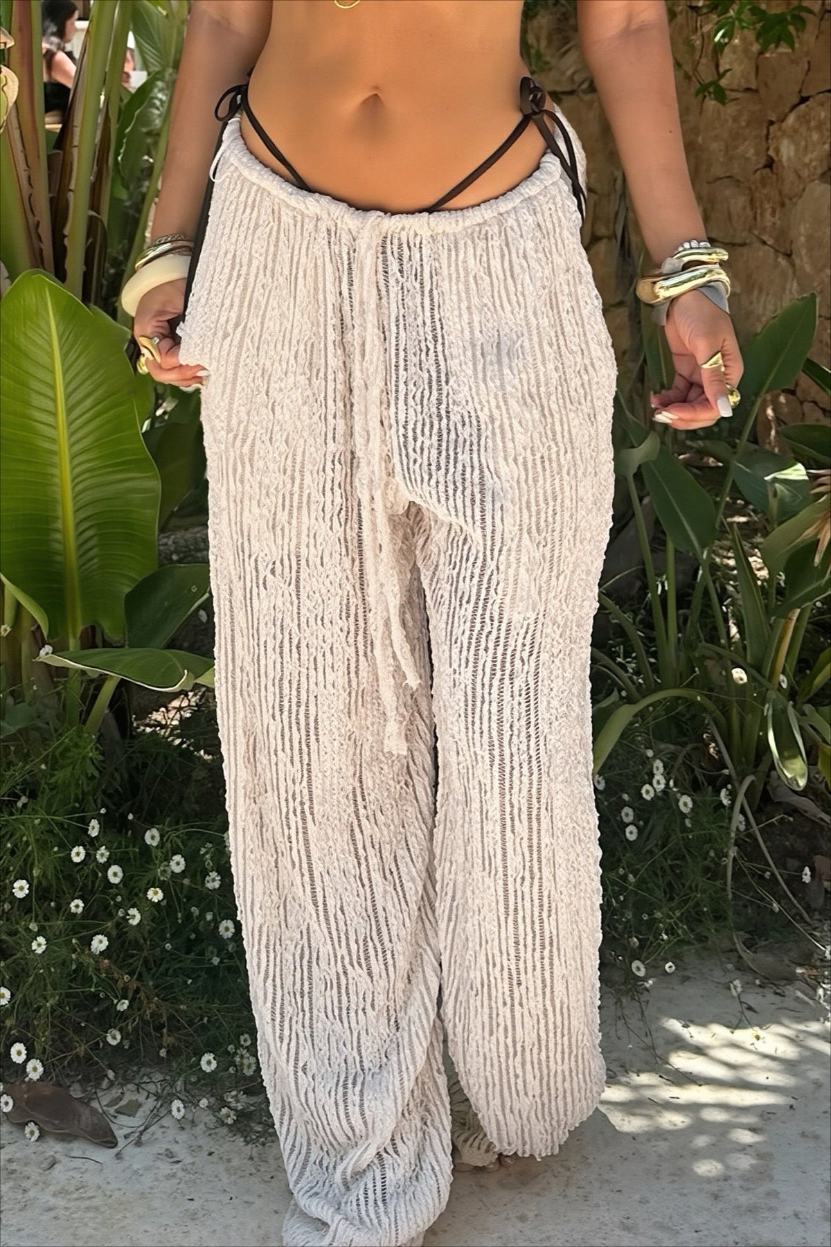 Textured Lace Drawstring Wide Leg Pants