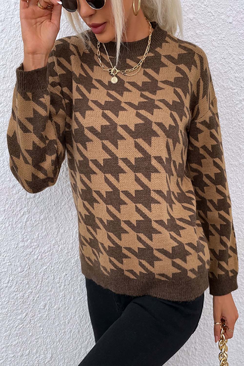 RadyRin Houndstooth Round Neck Sweater for Timeless Style