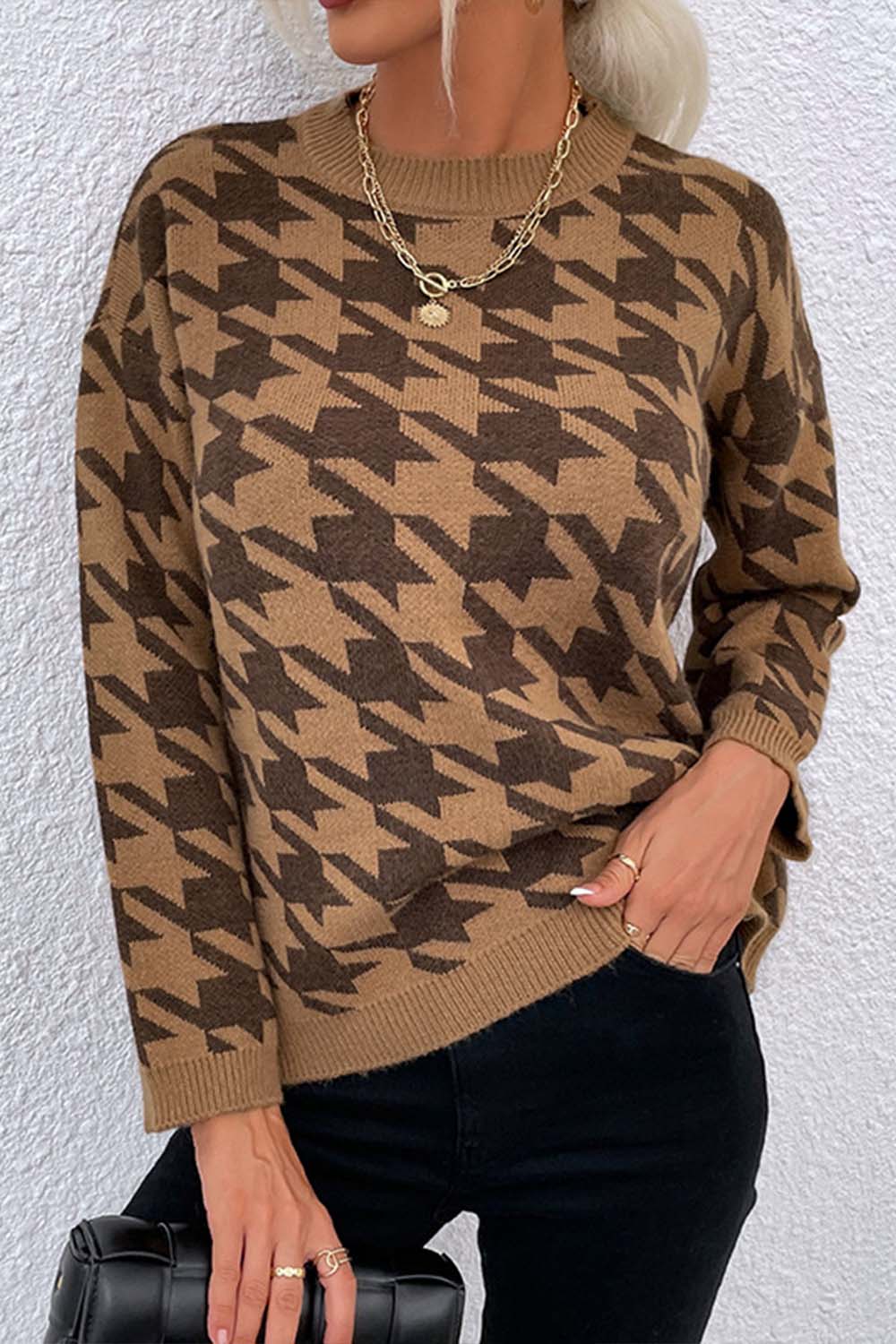 RadyRin Houndstooth Round Neck Sweater for Timeless Style