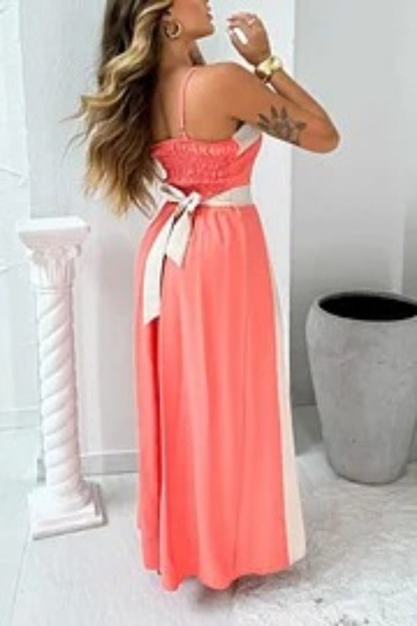 Fashion Contrast Color Sling Back Pleated Lace Up Maxi Dress - Fashionpara