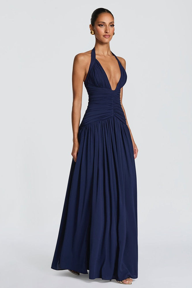 Halter Deep V-Neck Ruched High-Slit Maxi Dress