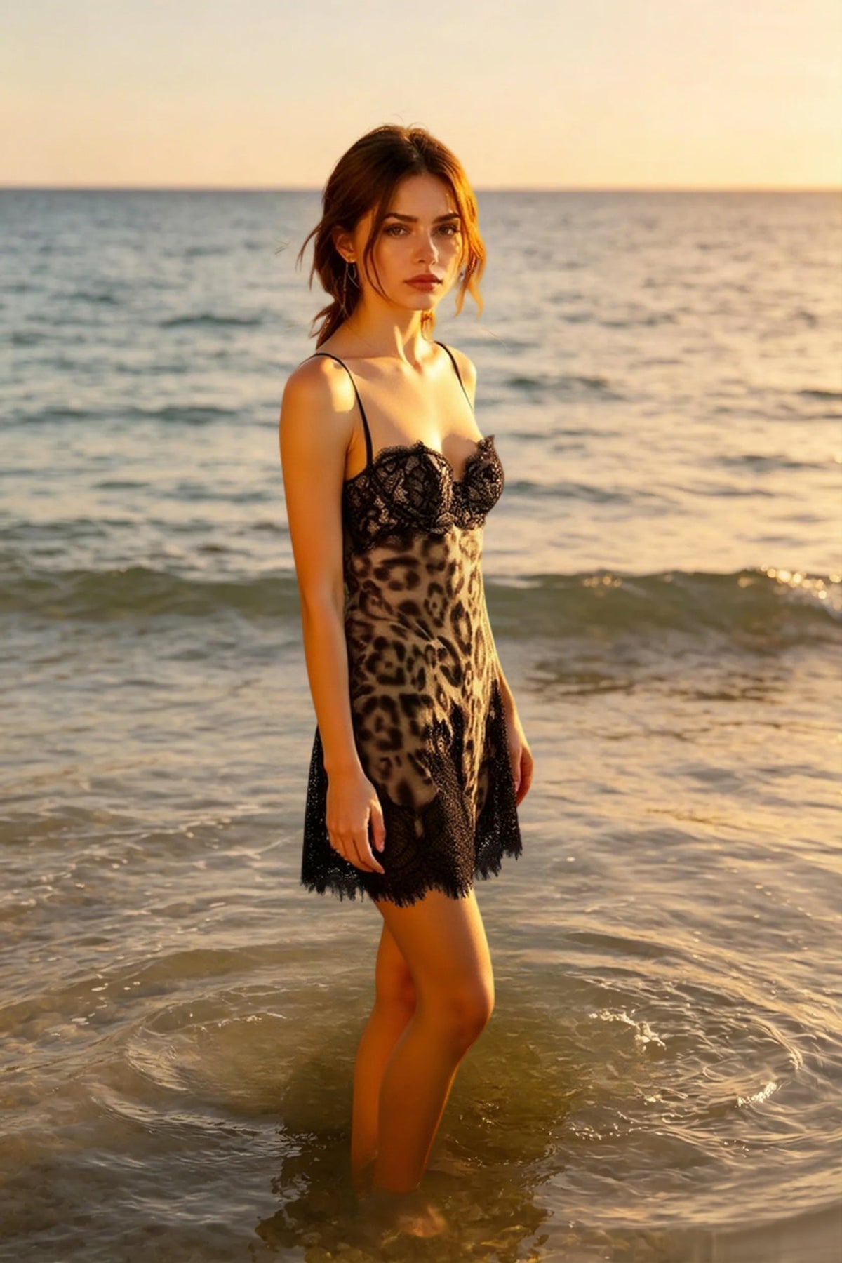 Leopard Print Lace-Trim Spaghetti Strap Slip Mini Dress