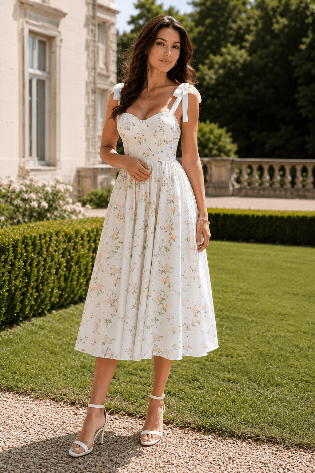 Floral Sweetheart Tie Strap Corset Midi Dress 4