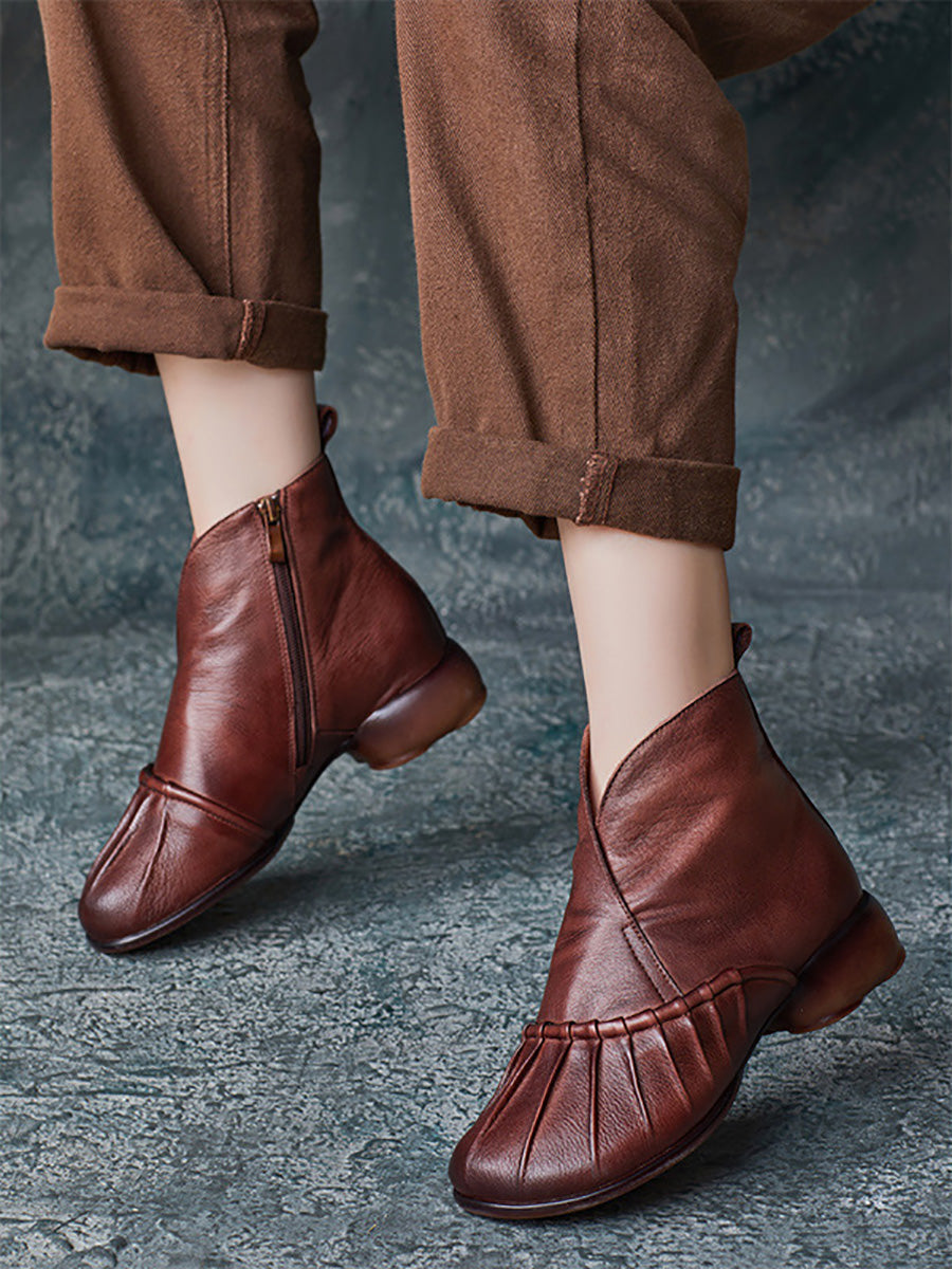 Vintage Autumn Shirred Low Heel Ankle Boots