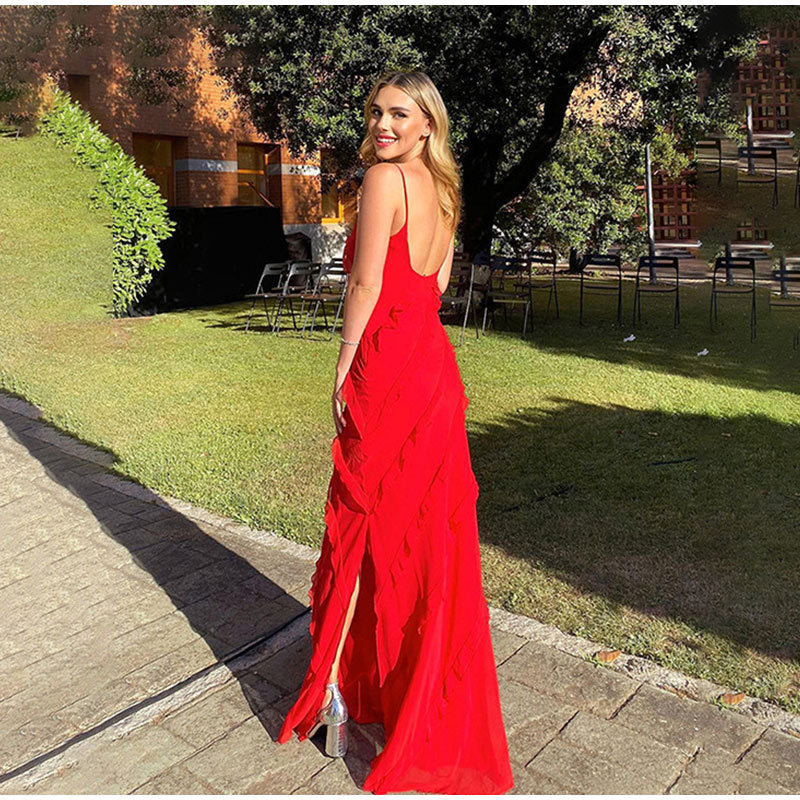Spaghetti Strap Deep V-Neck Diagonal Tiered Ruffle Maxi Gown - View 8