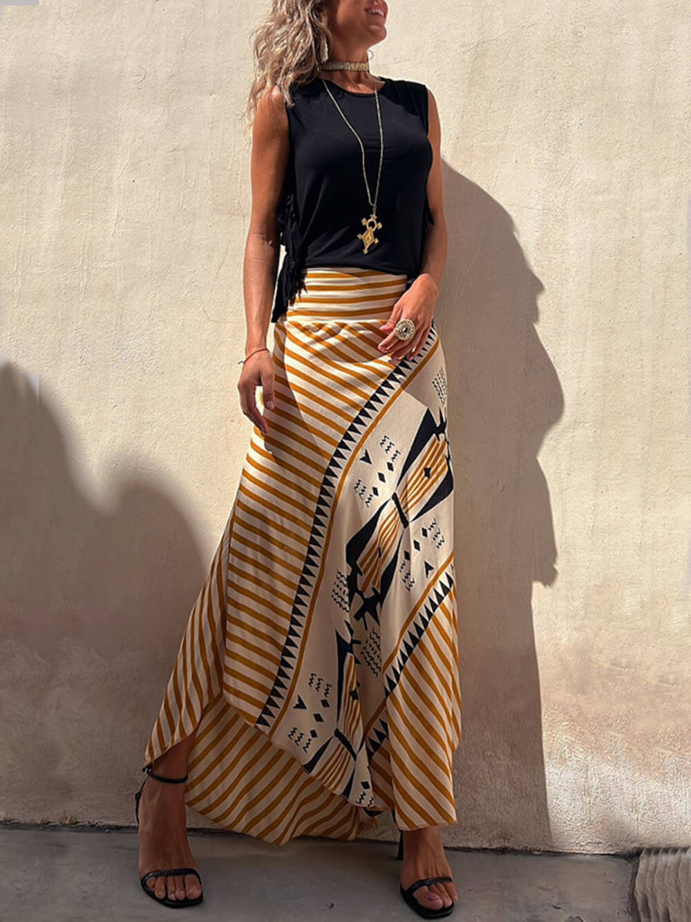 Geometric Print Elastic Waist Maxi Skirt - Fashionpara