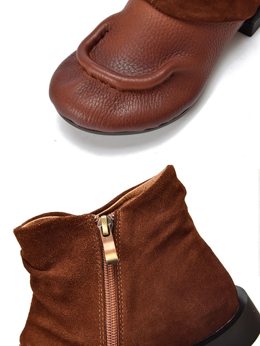 Vintage Suded Leather Spliced Low Heel Boots