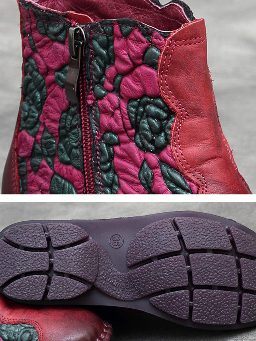 Retro Flower Leather Spliced Zipper Low Heel Boots
