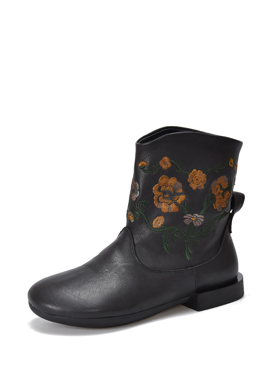 Vintage Flower Embroidery Leather Low Heel Boots