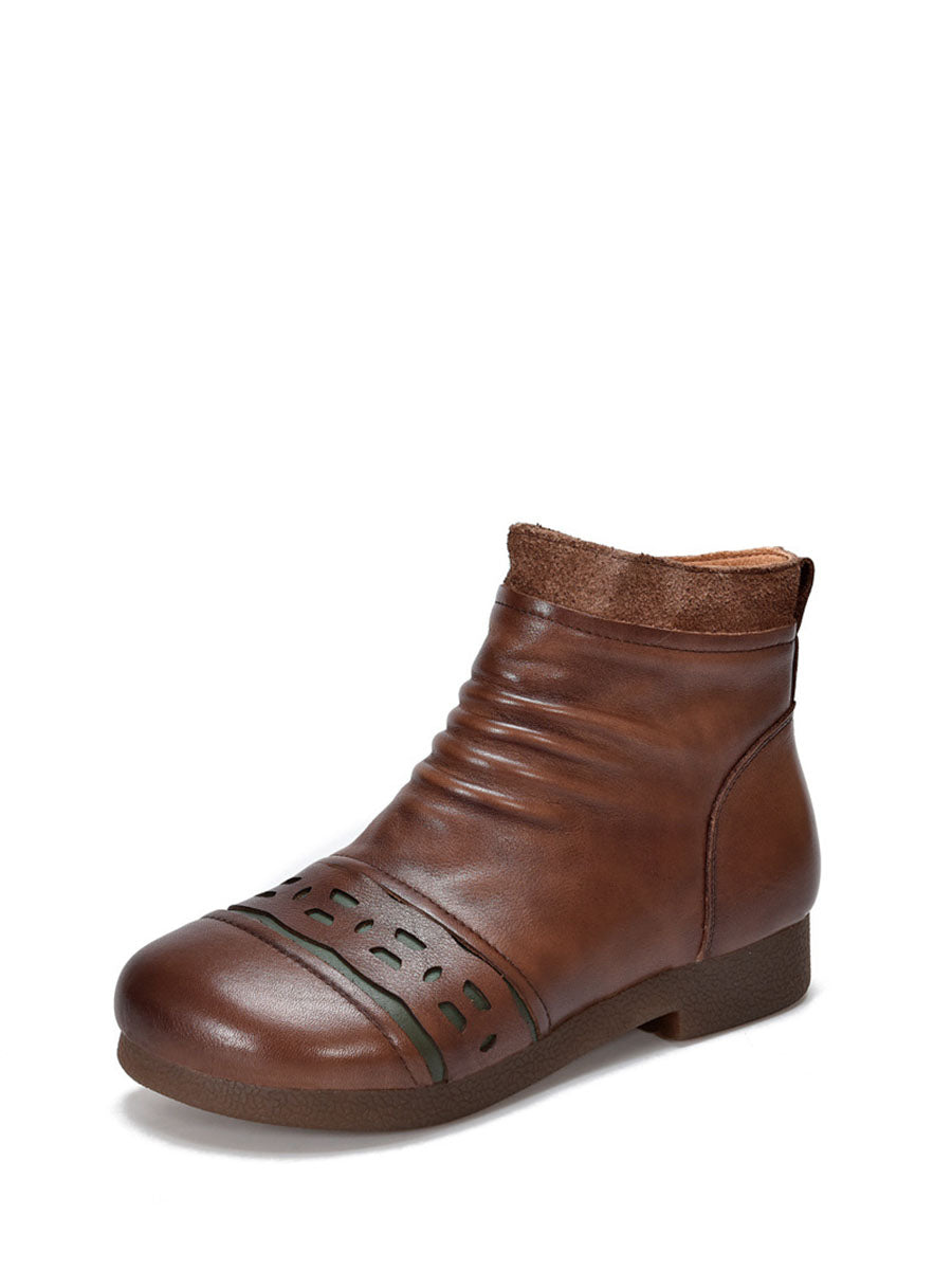 Vintage Leather Spliced Low Heel Ankle Boots
