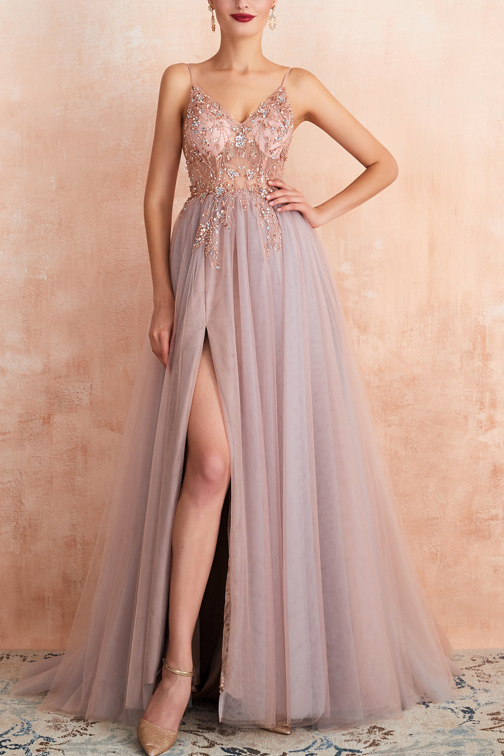 A Line Grey Pink V-neck Tulle Prom Dress with Slit - Fashionpara