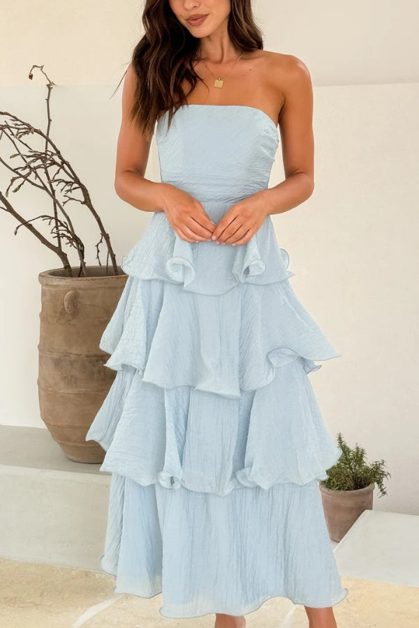 Pure Color Sexy Tube Top Backless Multi-layered Maxi Dress - Fashionpara