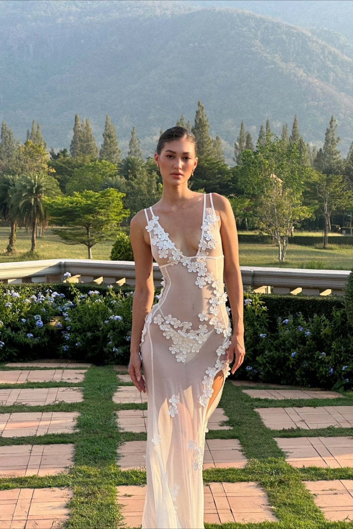3D Floral Mesh Deep V-Neck Bodycon Maxi Dress