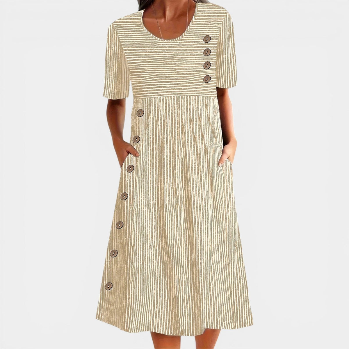 Striped Round Neck Short Sleeve Button Detail Midi Dress 3