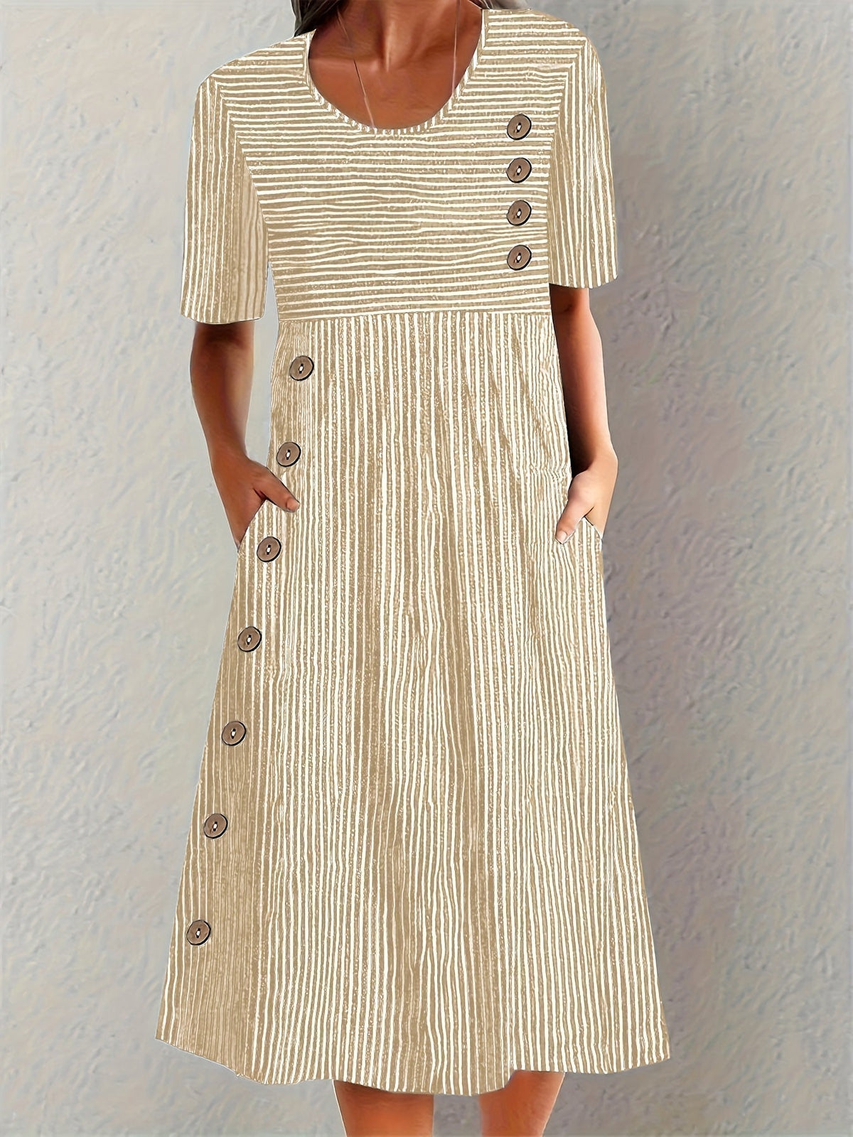 Striped Round Neck Button Front Midi Dress 4