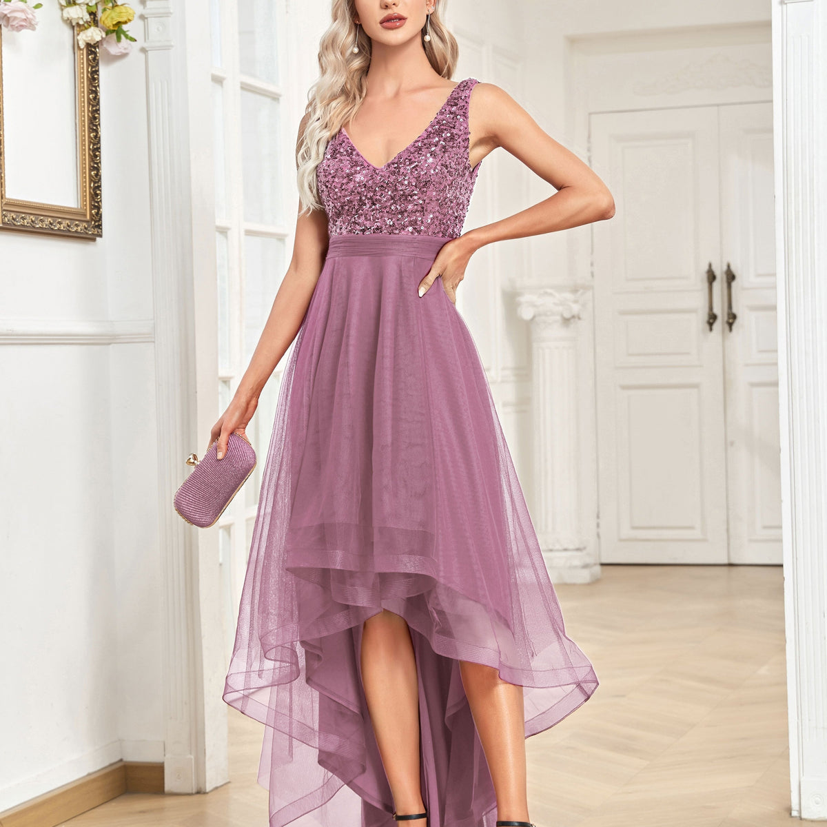Sequin Bodice V-Neck Sleeveless Tulle Hi-Low Dress 10