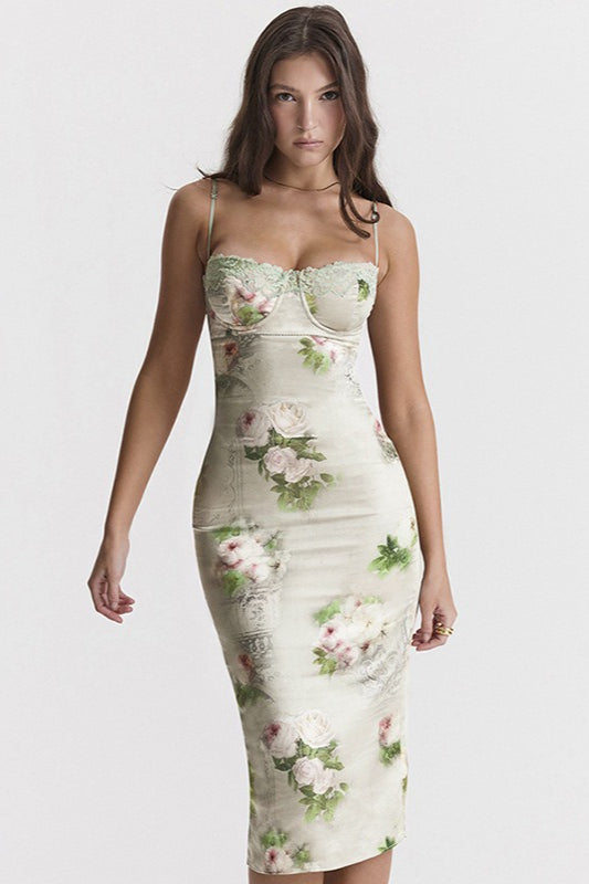 Floral Satin Spaghetti Strap Lace Trim Ruched Midi Dress - View 3