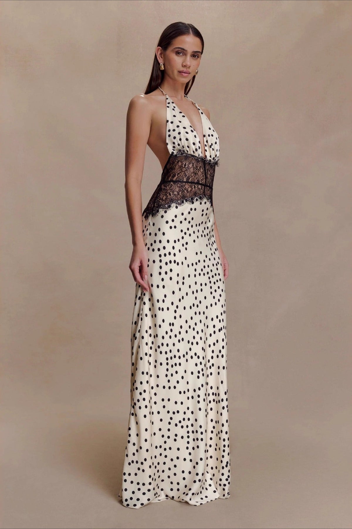 Polka Dot Satin Halter Neck Lace Waist Maxi Gown