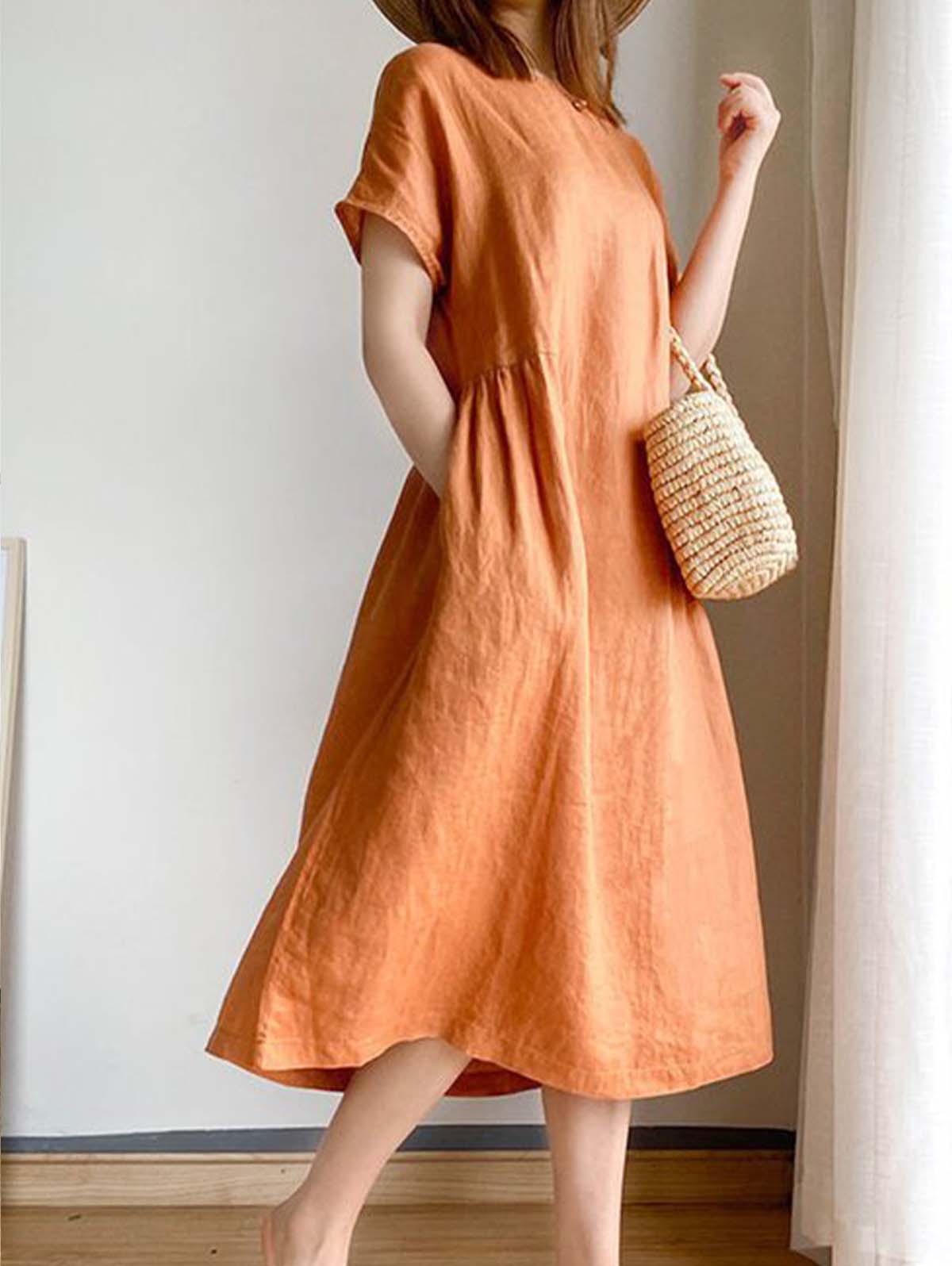 Round Neck Short Sleeve Gathered Empire Waist Pocket A-Line Midi Dress