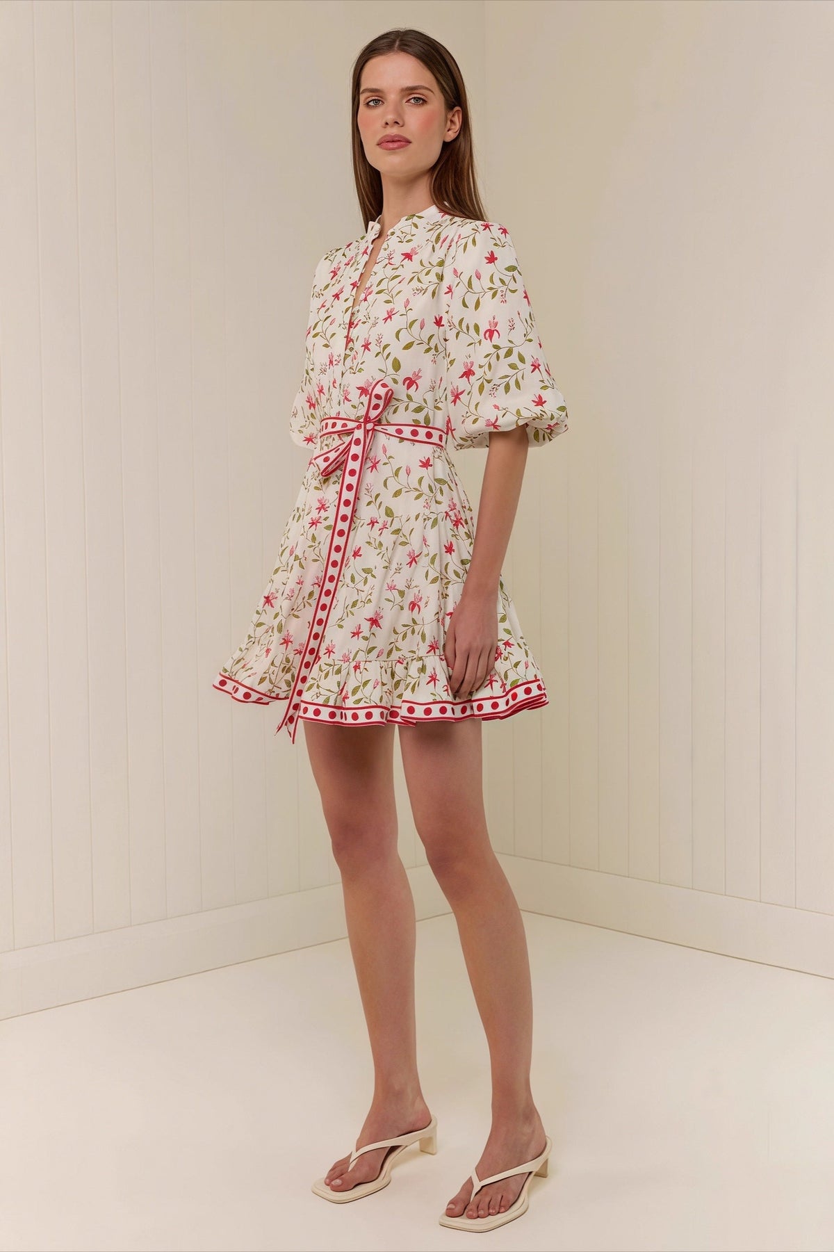 Floral High Neck Puff Sleeve Belted Fit and Flare Dress