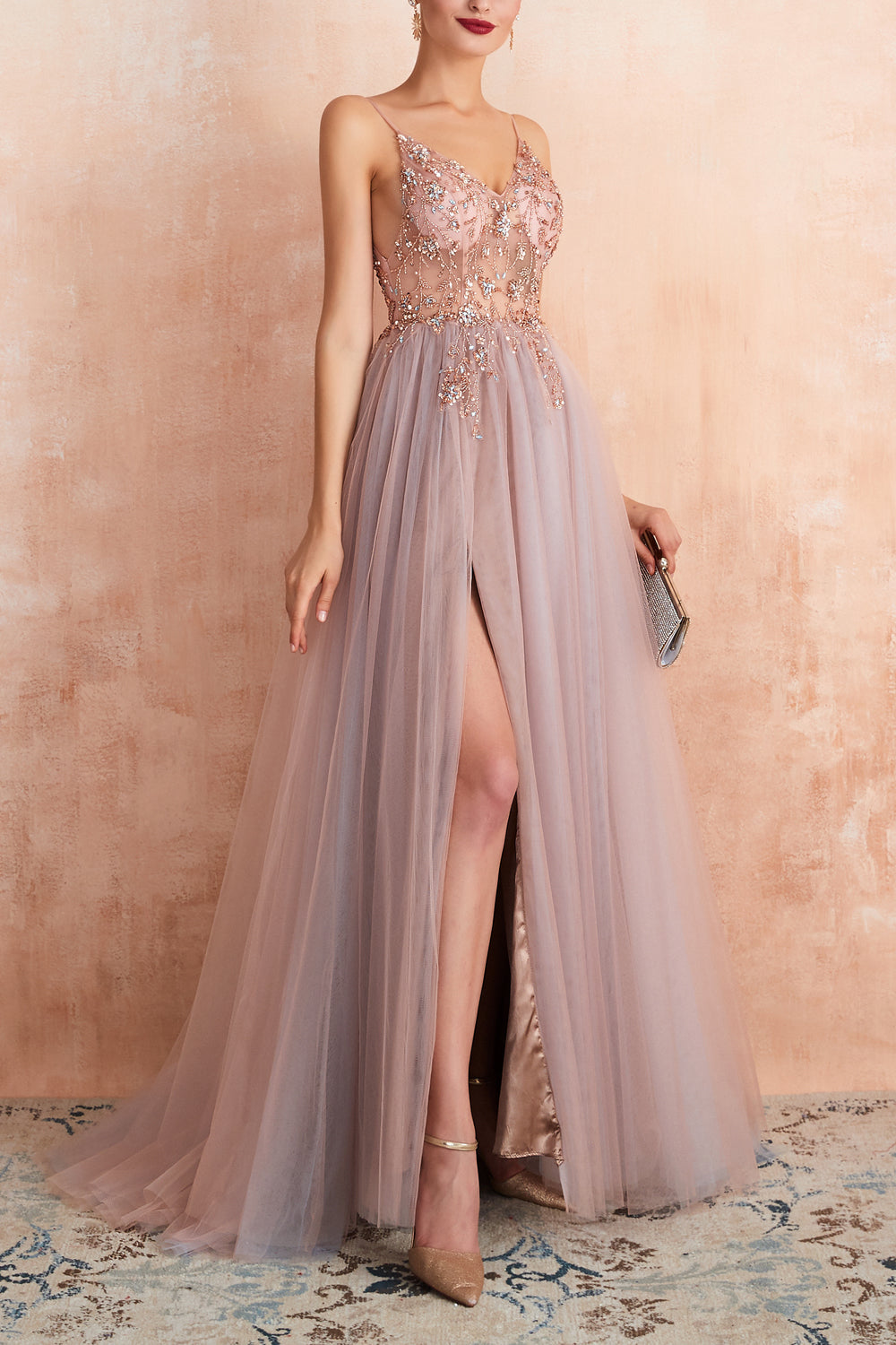 A Line Grey Pink V-neck Tulle Prom Dress with Slit - Fashionpara