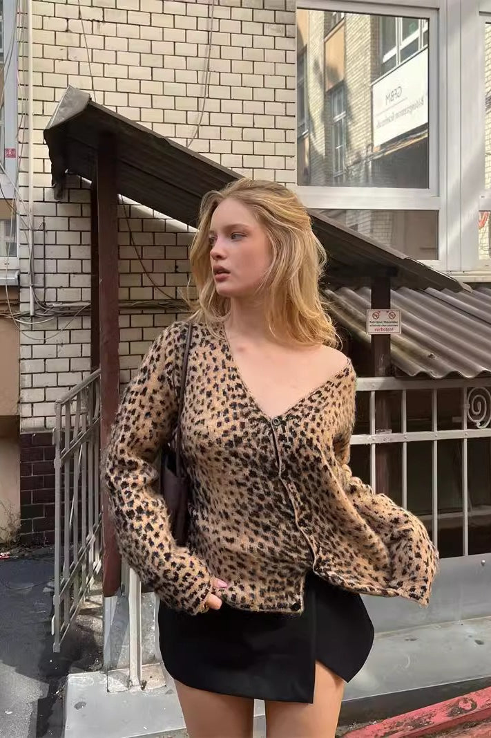 Leopard Mohair V-Neck Knit Top