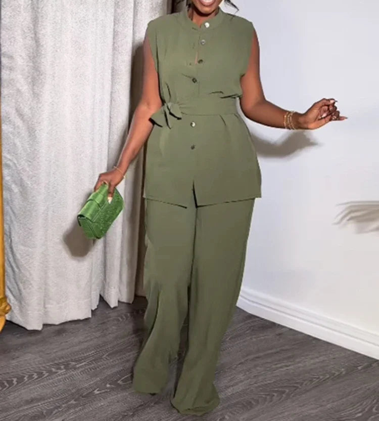 Sleeveless Belt Shirt Pant Suit - Fashionpara