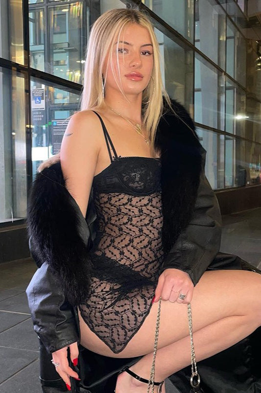 Sheer Floral Lace Spaghetti Strap Slip Mini Dress