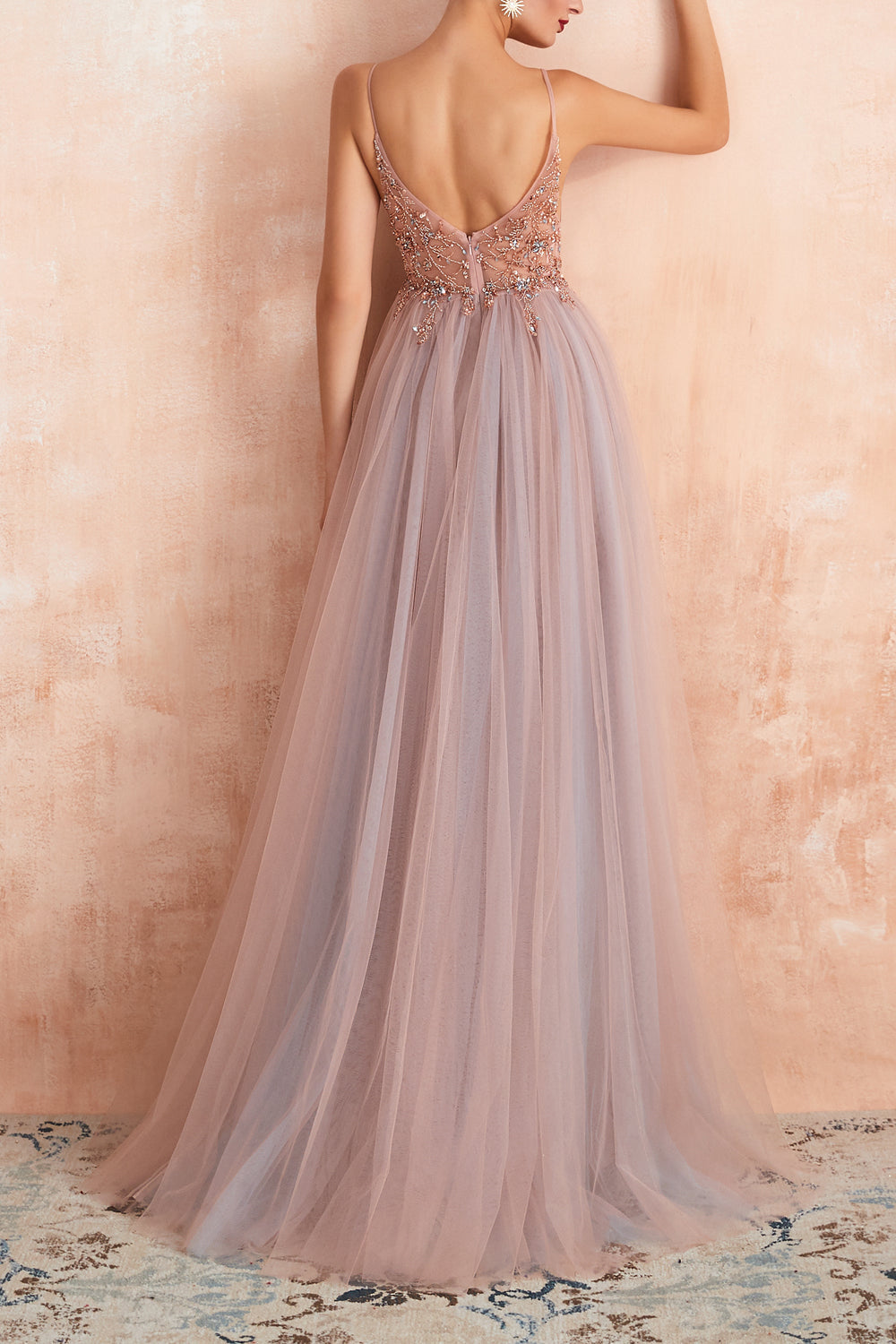 A Line Grey Pink V-neck Tulle Prom Dress with Slit - Fashionpara