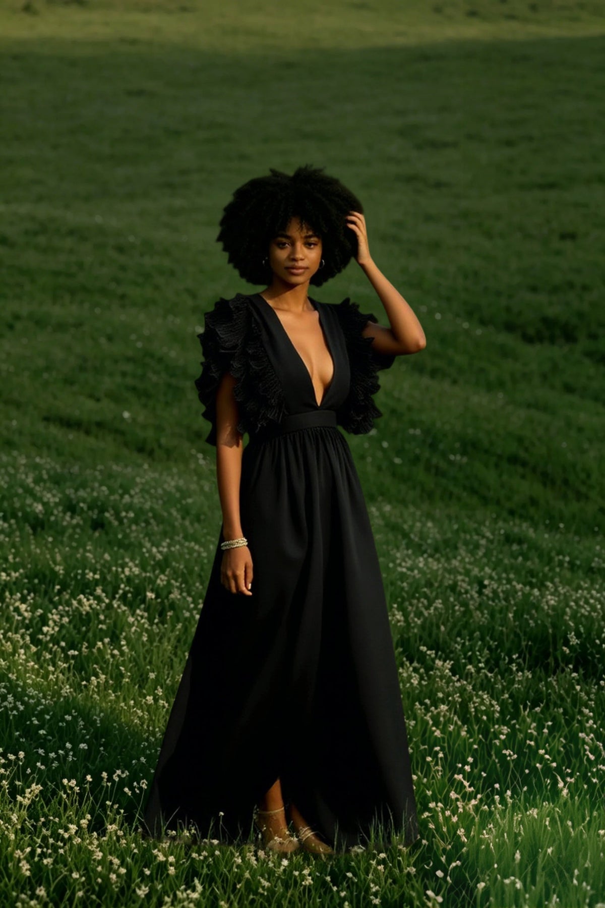 Deep V-Neck Ruffle Sleeve Pleated A-Line Maxi Dress 6