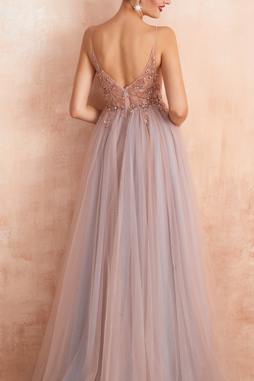 A Line Grey Pink V-neck Tulle Prom Dress with Slit - Fashionpara