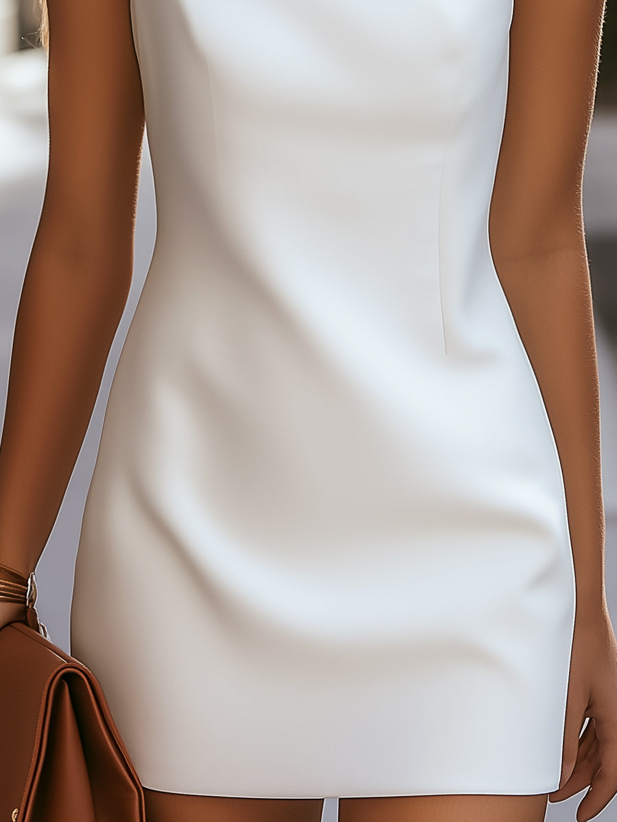Chic Sleeveless Cowl Neck Pearl-Detail White Dress
