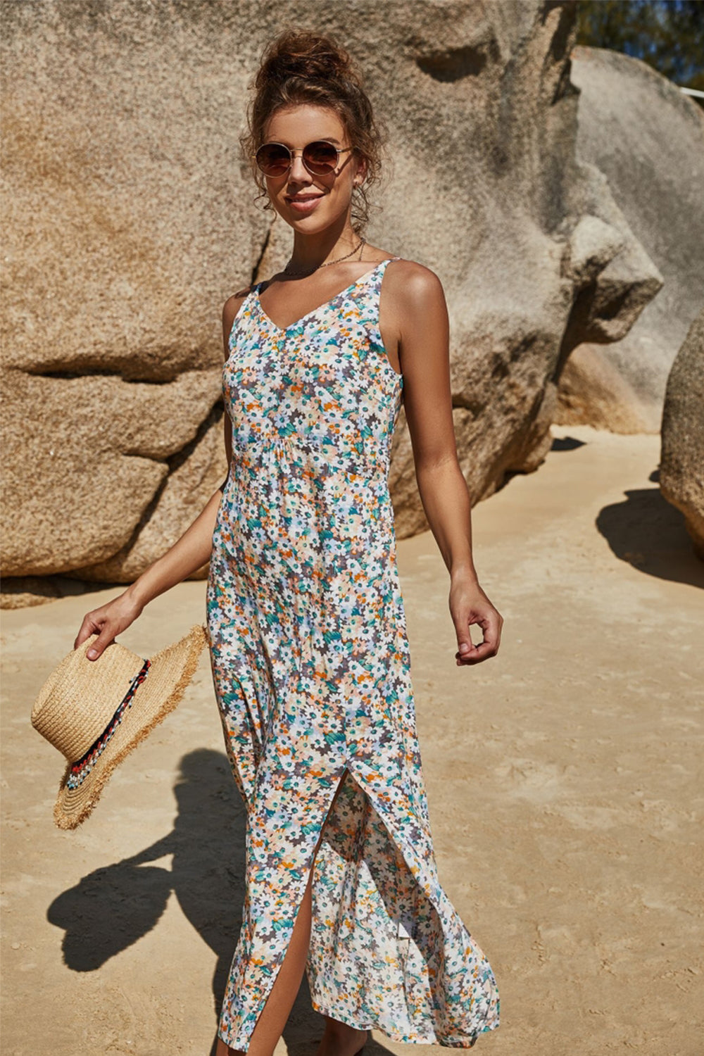 Irregular Slit Sling Floral Dress - Fashionpara