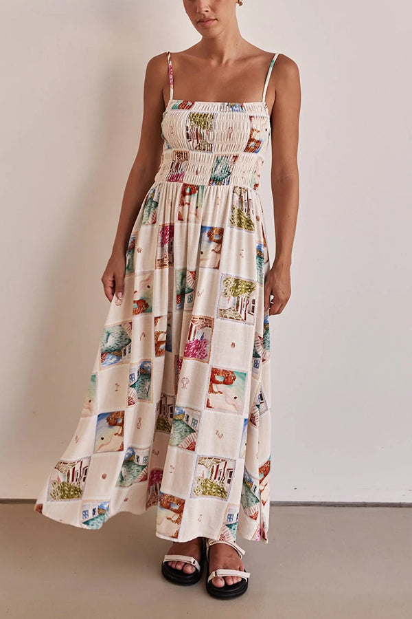 Unique Print Elastic Pleated Long Dress with Straps and Backless - Fashionpara