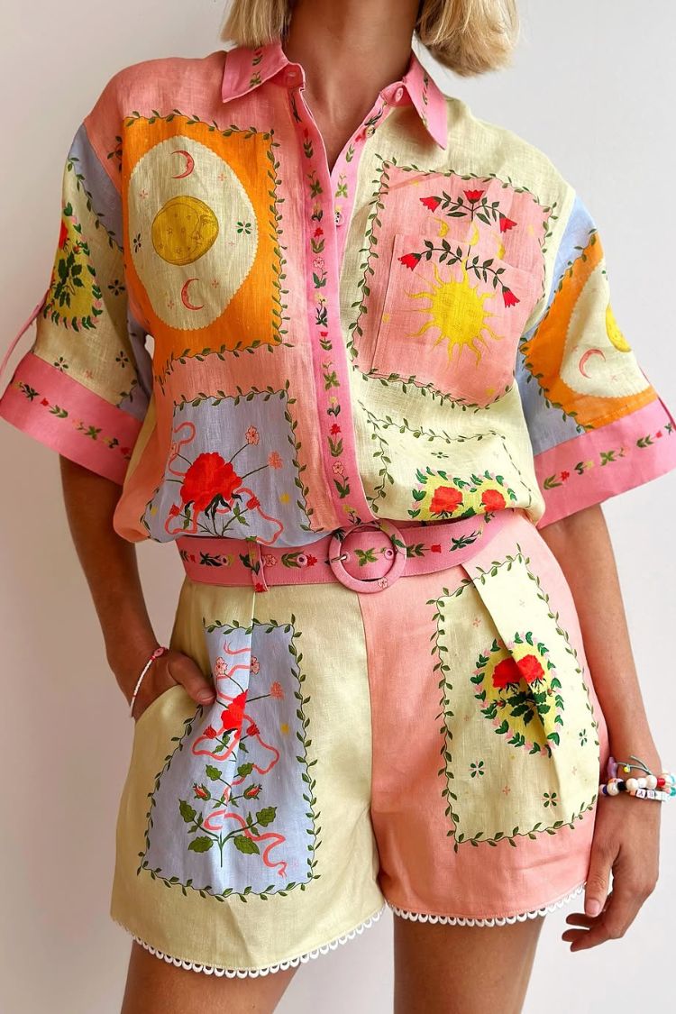 Lily Song Linen Blend Unique Print Short Sleeve Shirt and Belted Pocket Shorts Set - Fashionpara