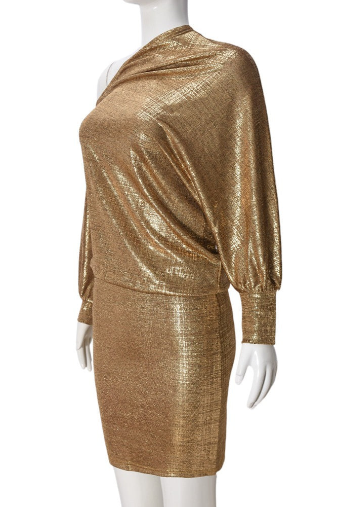 Metallic One Shoulder Long Sleeve Bodycon Mini Dress
